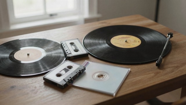 Vinyl records, a cassette and a CD arranged on a wooden table