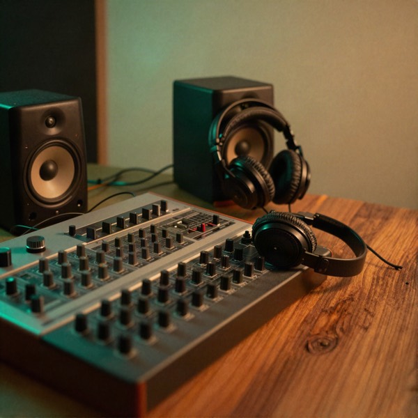 Home studio with a drum machine and speakers in green and orange light