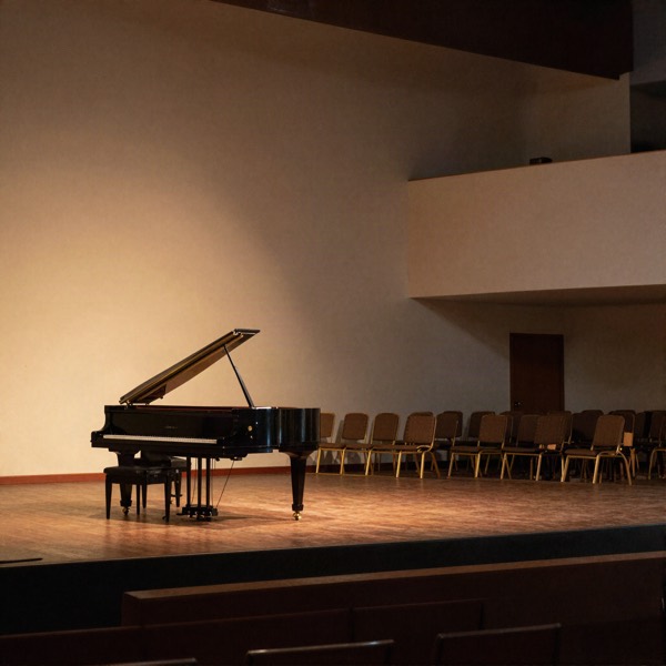 Keyboard on a church stage under warm spotlights
