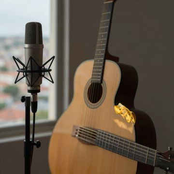 Studio microphone and acoustic guitar with a city view