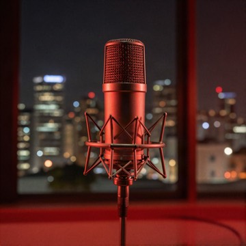 Studio microphone in red light with a city skyline at night