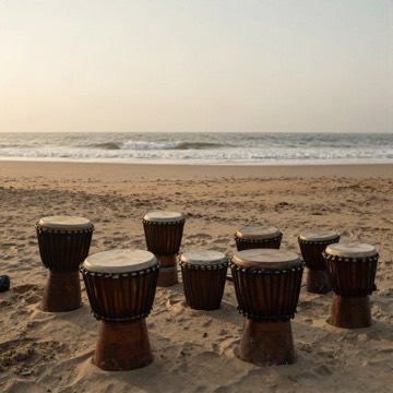 Traditional drums on a sandy beach at golden hour