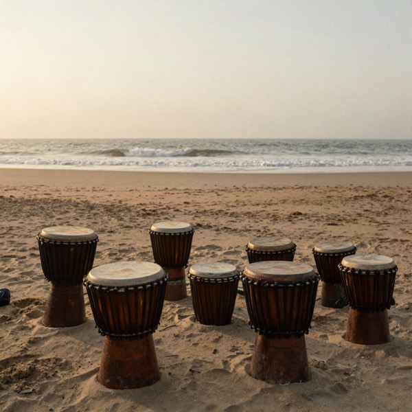 Traditional drums on a sandy beach at golden hour
