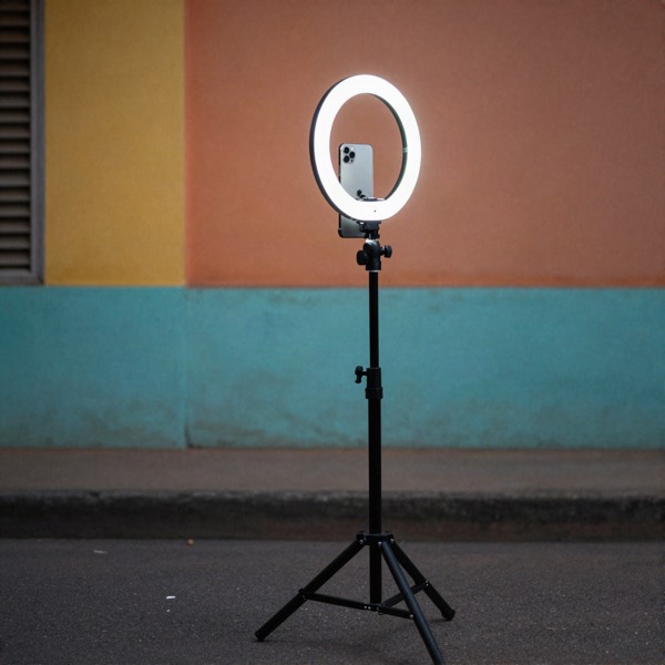 Phone on a tripod and a ring light in front of a colourful street wall at dusk