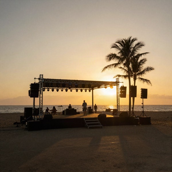 Beach stage with speakers and palm trees at sunset