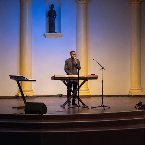 Worship stage with a keyboard and microphones under blue and gold lights