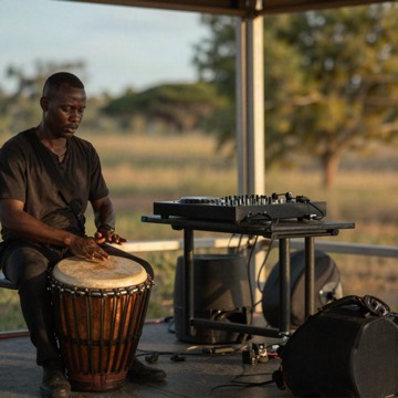 Hand drums and a DJ controller on an outdoor stage at golden hour