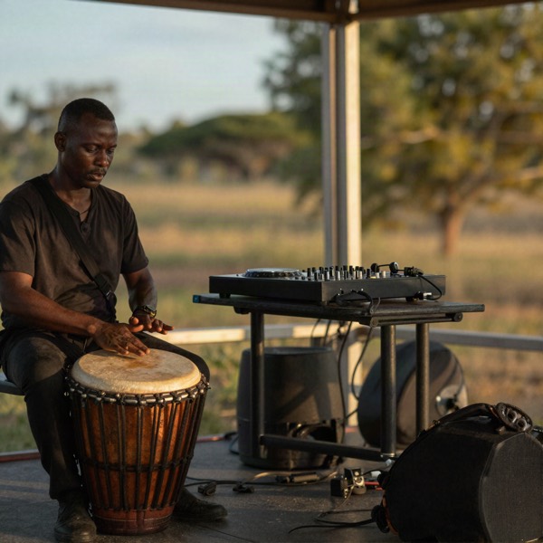 Hand drums and a DJ controller on an outdoor stage at golden hour