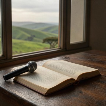 Microphone and hymn book by a window overlooking green hills at sunrise