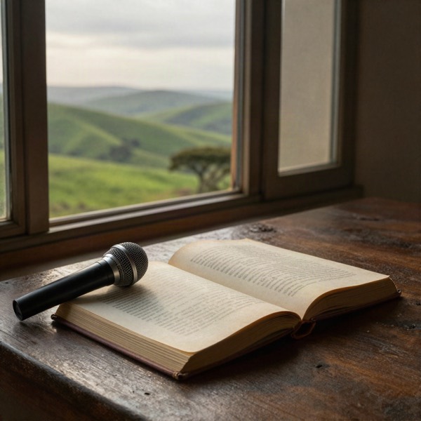 Microphone and hymn book by a window overlooking green hills at sunrise