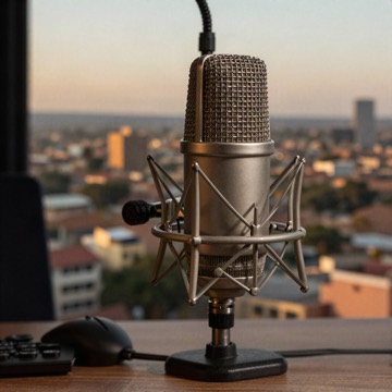Studio microphone with a view of city rooftops at sunset