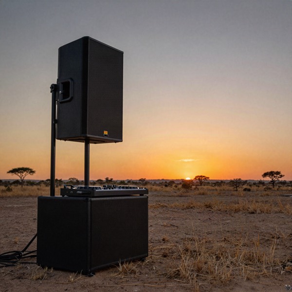 Outdoor sound system under a wide desert sunset sky