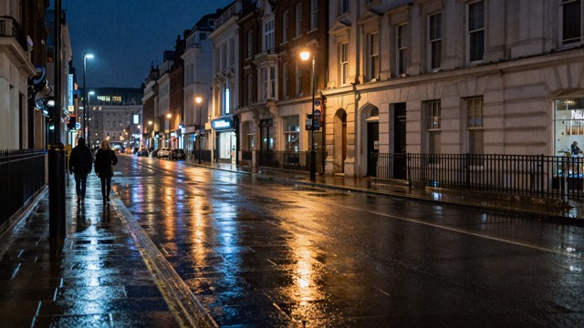 Rainy London street at night with neon reflections