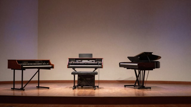 Church stage with an organ and keyboards under stage lights