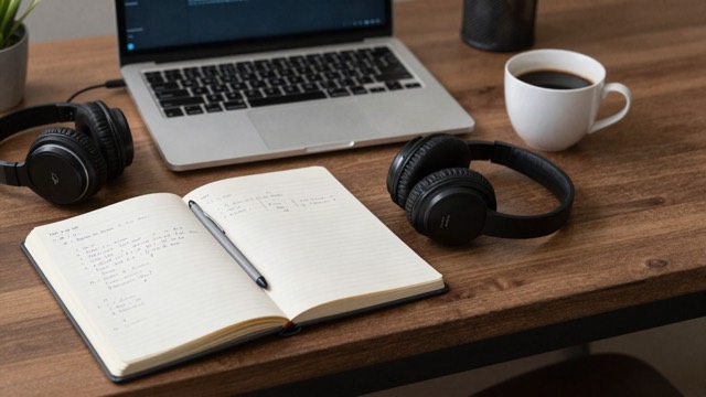 Writer's desk with headphones, notebook and laptop