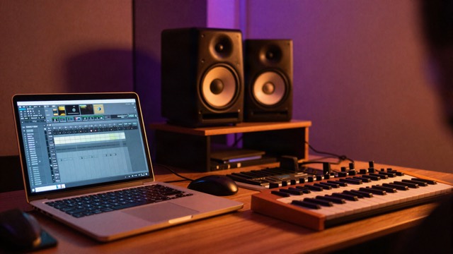 Home studio at night with a laptop, MIDI keyboard and studio monitors