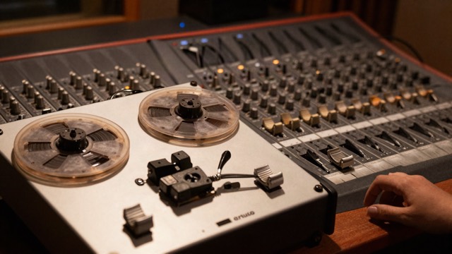 Reel-to-reel tape machine beside a studio mixing console