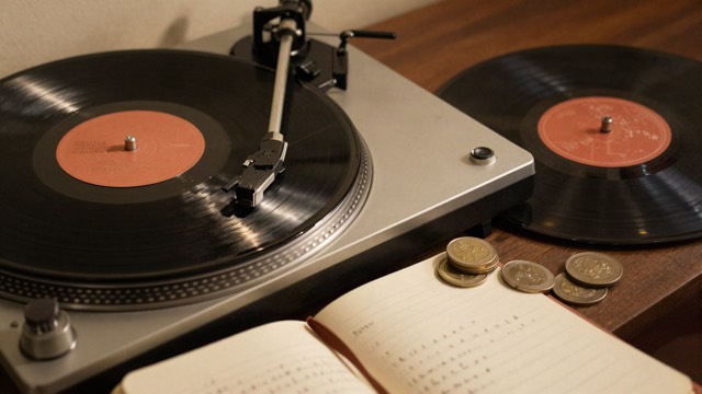 Turntable with coins and a notebook of handwritten figures