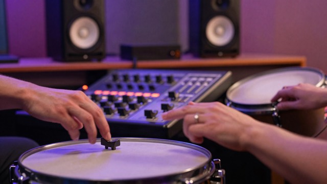 Producer's hands on a drum pad controller in a studio