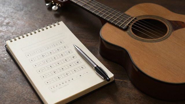 Songwriting notebook with chord charts beside an acoustic guitar