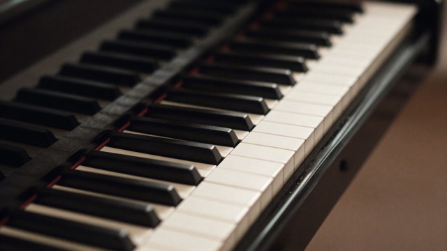 Close-up of piano keys in dramatic side light