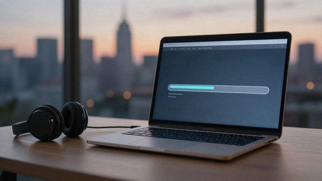 Laptop showing an upload progress bar next to headphones
