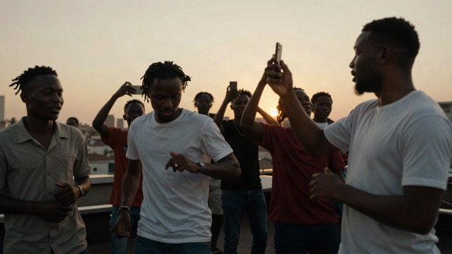 Silhouettes dancing at a rooftop party at sunset