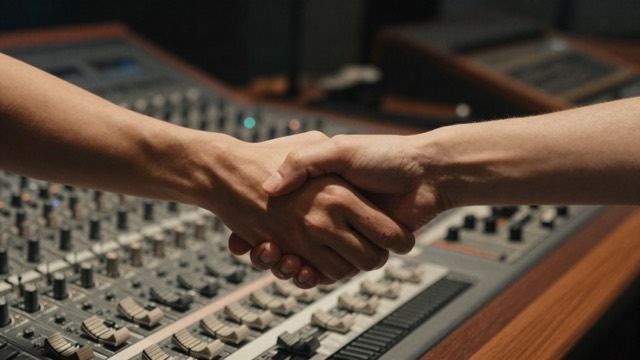 Handshake over a recording studio mixing desk