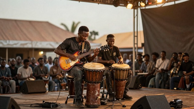 Electric guitar and hand drums on a stage at golden hour