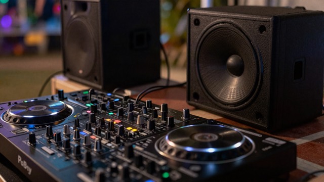 DJ mixer and speakers at an outdoor night party