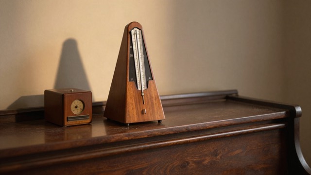 Vintage metronome on an upright piano